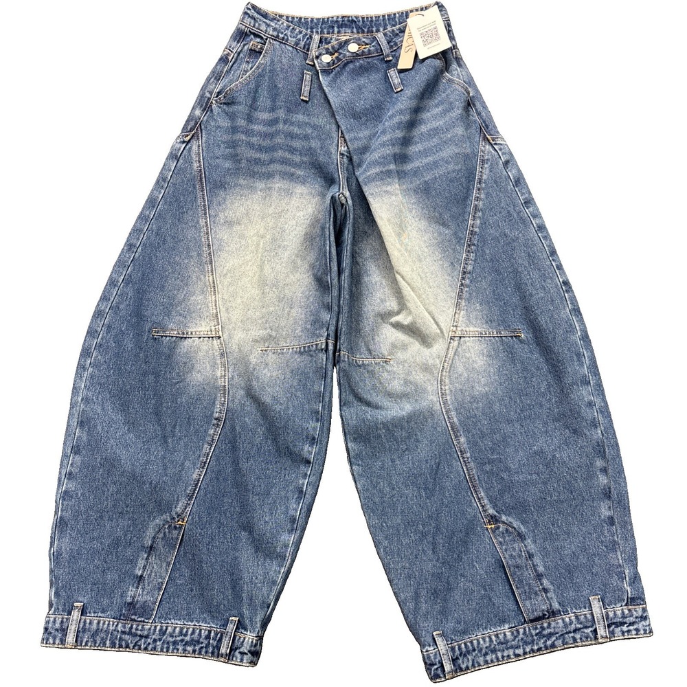 Micas Barrel Leg Jeans Womens S  (28x29) Blue Denim Faded Boho Wide Leg NEW
